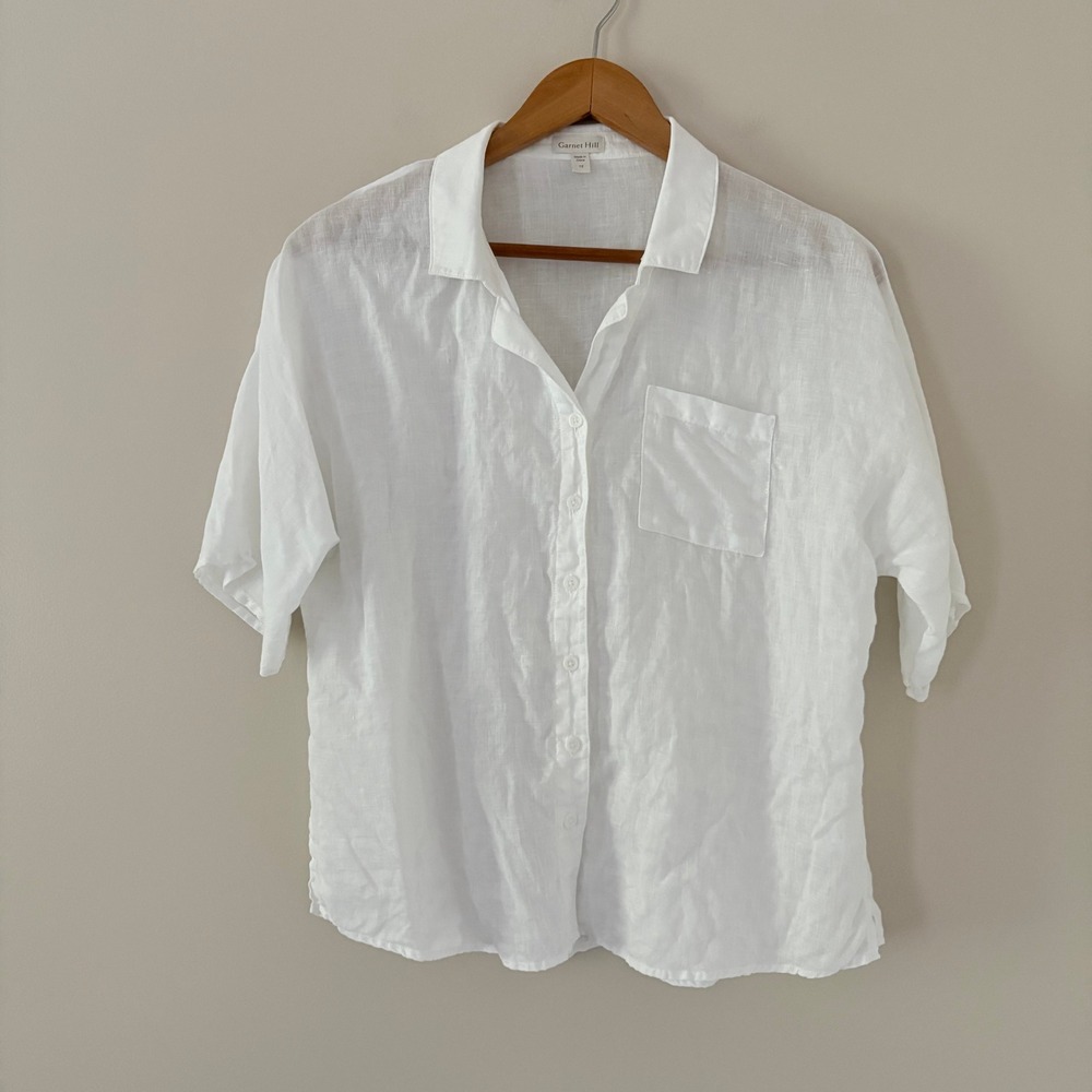 Garnet Hill Button Down Shirt 12 White Linen Short Sleeve Pocket Casual Coastal